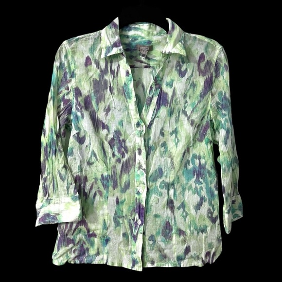 Chico’s Watercolor Blouse Lilac Green Shimmery Thread Size 1 (Small) 8-10 Top - Picture 1 of 8